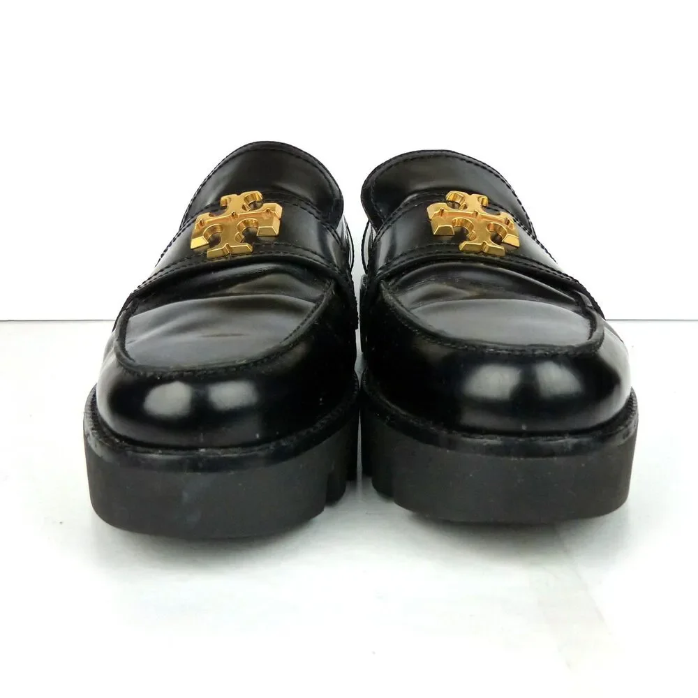 Tory Burch Everly Loafers Black Leather Mini Chunky Lug Sole Women 9.5 M Preppy